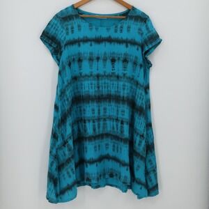 Bryn Walker Teal Black Tie‎ Dye Linen Tunic Dress Lagenlook Boho USA Size S
